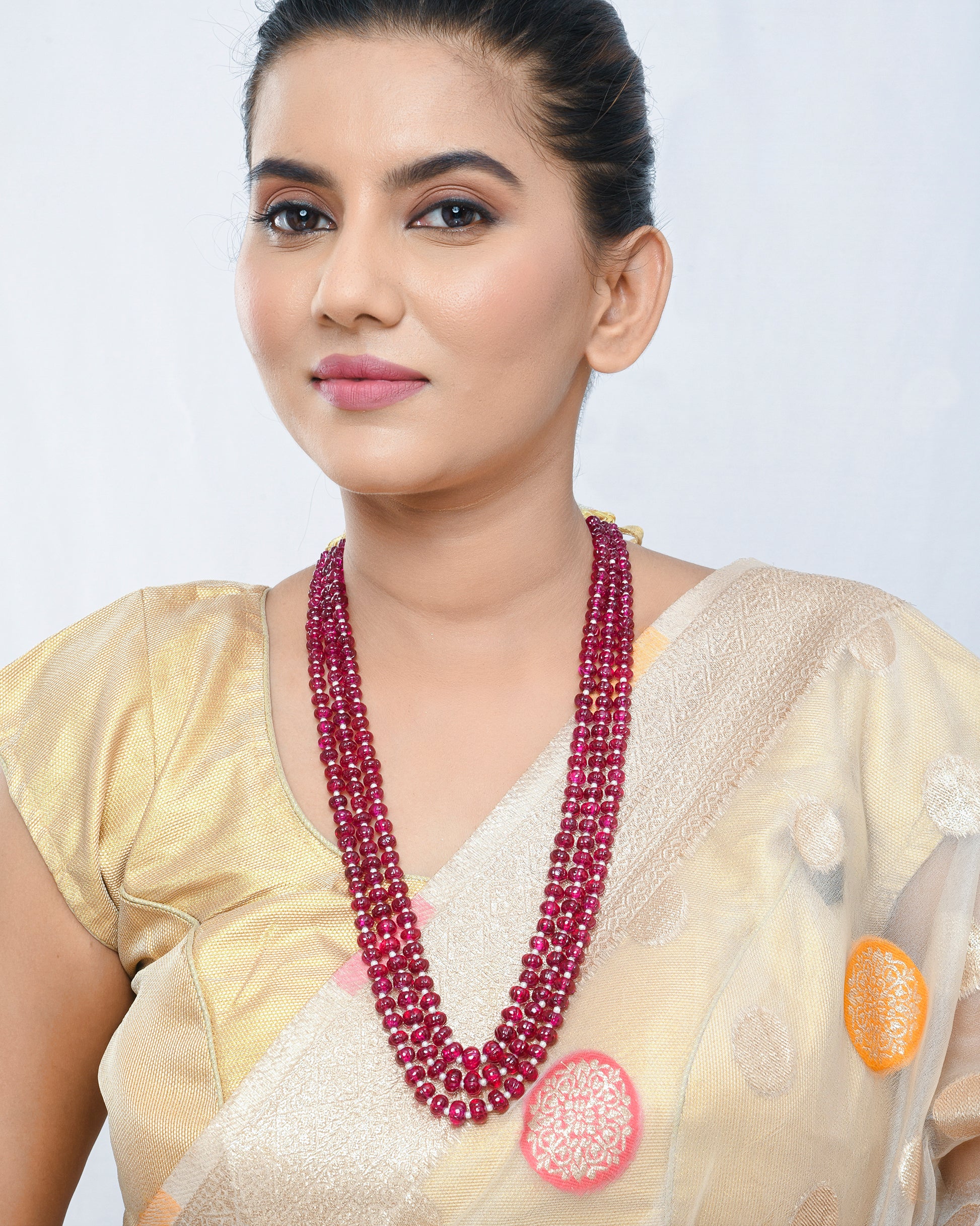Deep Ruby red melon beads mala - Yuvaminie