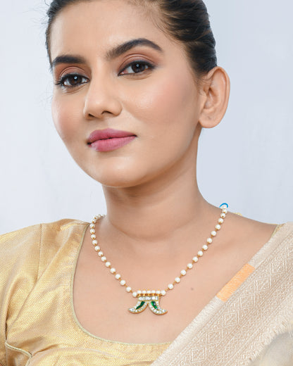 Pearl Kundan Necklace with Traditional Green Meenakari Double Moon Pendant - Yuvaminie