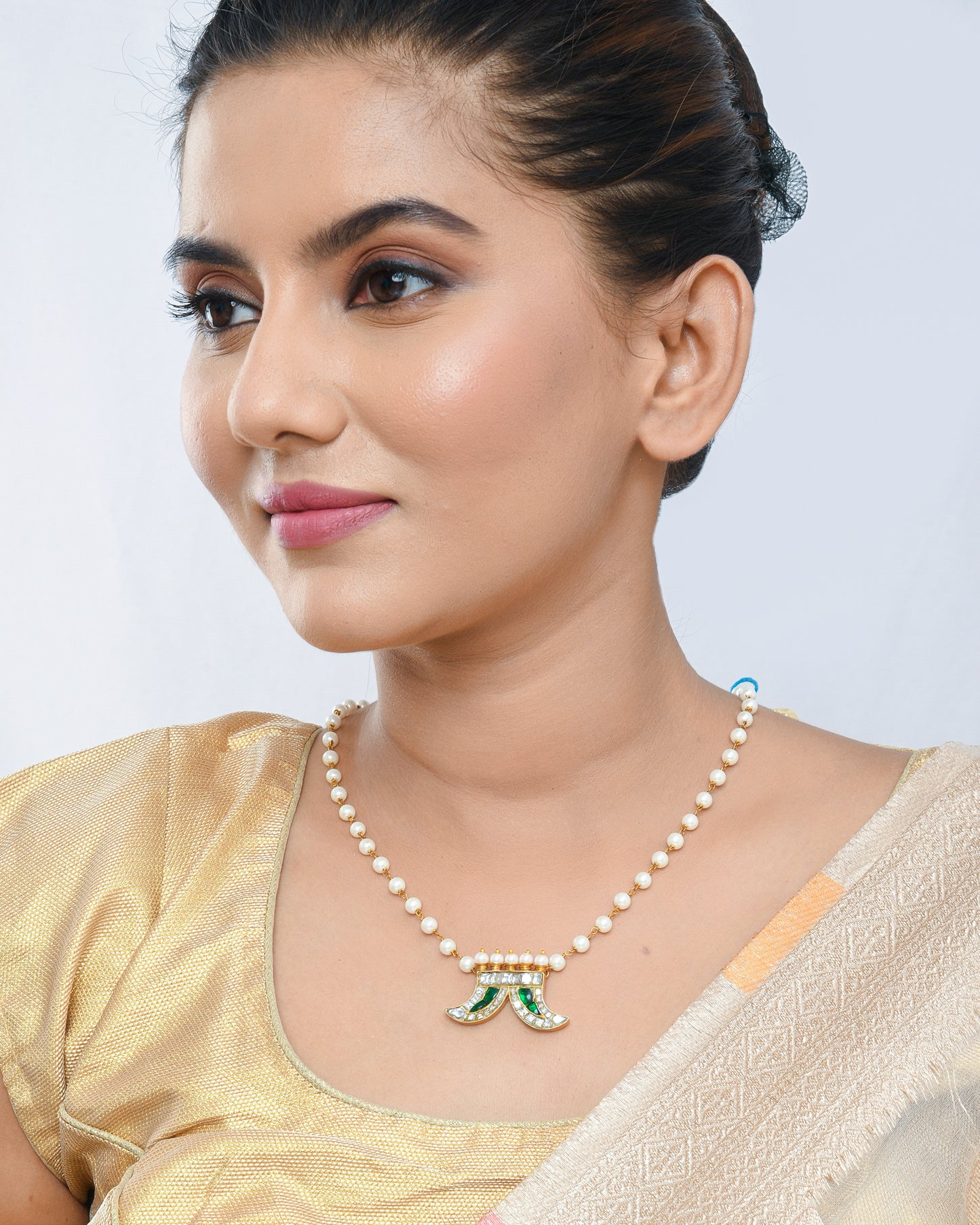 Pearl Kundan Necklace with Traditional Green Meenakari Double Moon Pendant - Yuvaminie