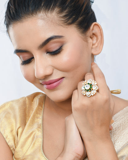 Floral green stones and polki ring - Yuvaminie