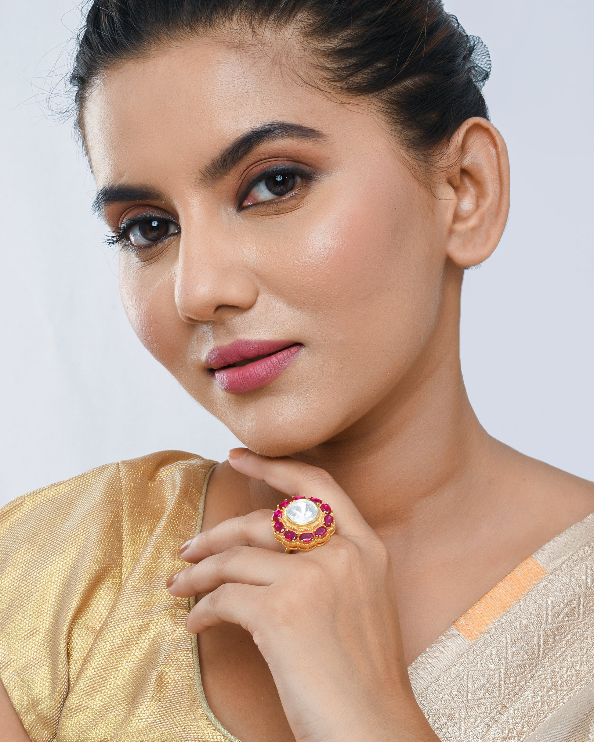 Big polki ring with studded rubies - Yuvaminie