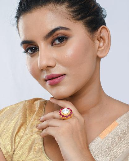 Big polki ring with studded rubies - Yuvaminie