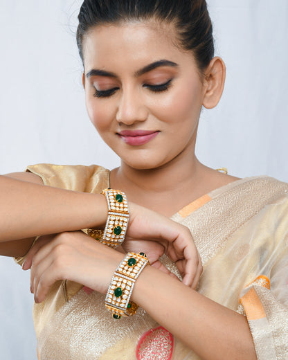 Polki and green stones traditional pair of bracelets - Yuvaminie