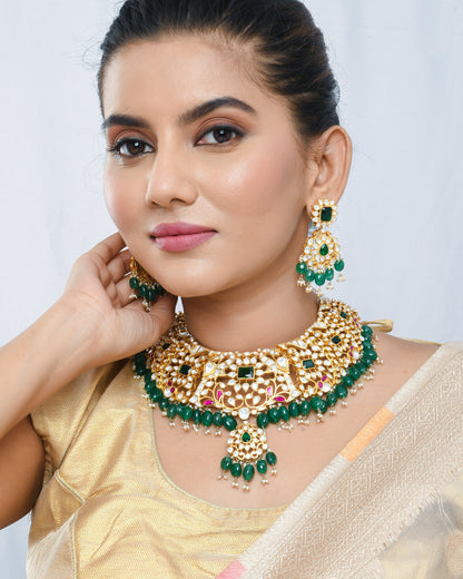 Royal polki and kundan set with green strawberry beads for enhanced look - Yuvaminie