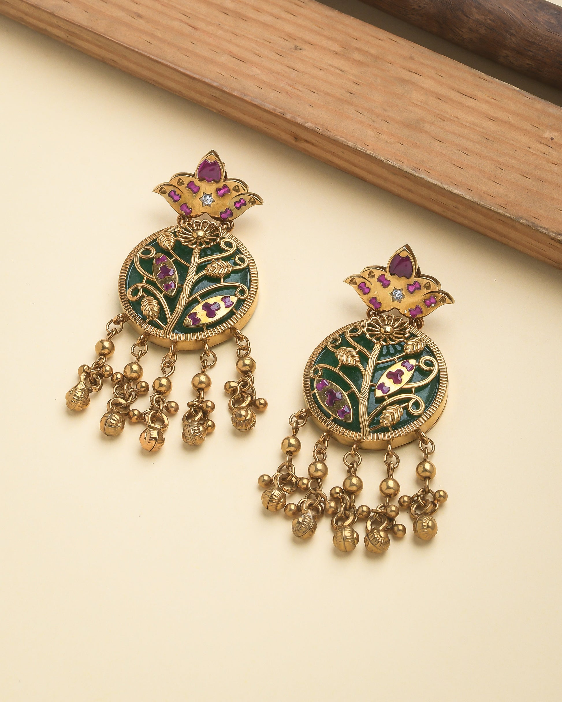 Antique Engraved earrings with big emerald center piece - Yuvaminie