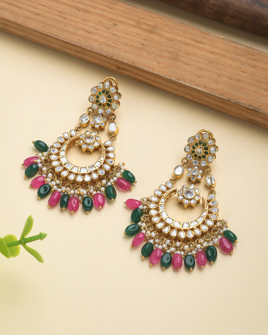 Chandbali earrings with pink and green strawberry  beads - Yuvaminie