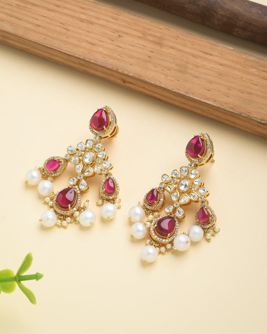 Kundan polki chandellier earrings with pearl drops - Yuvaminie