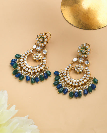Chandbali earrings with peacock colored beads - Yuvaminie