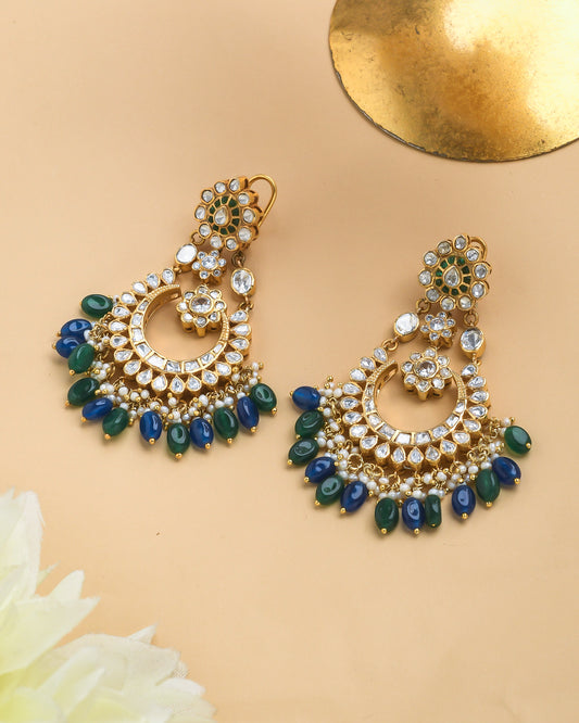 Chandbali earrings with peacock colored beads - Yuvaminie