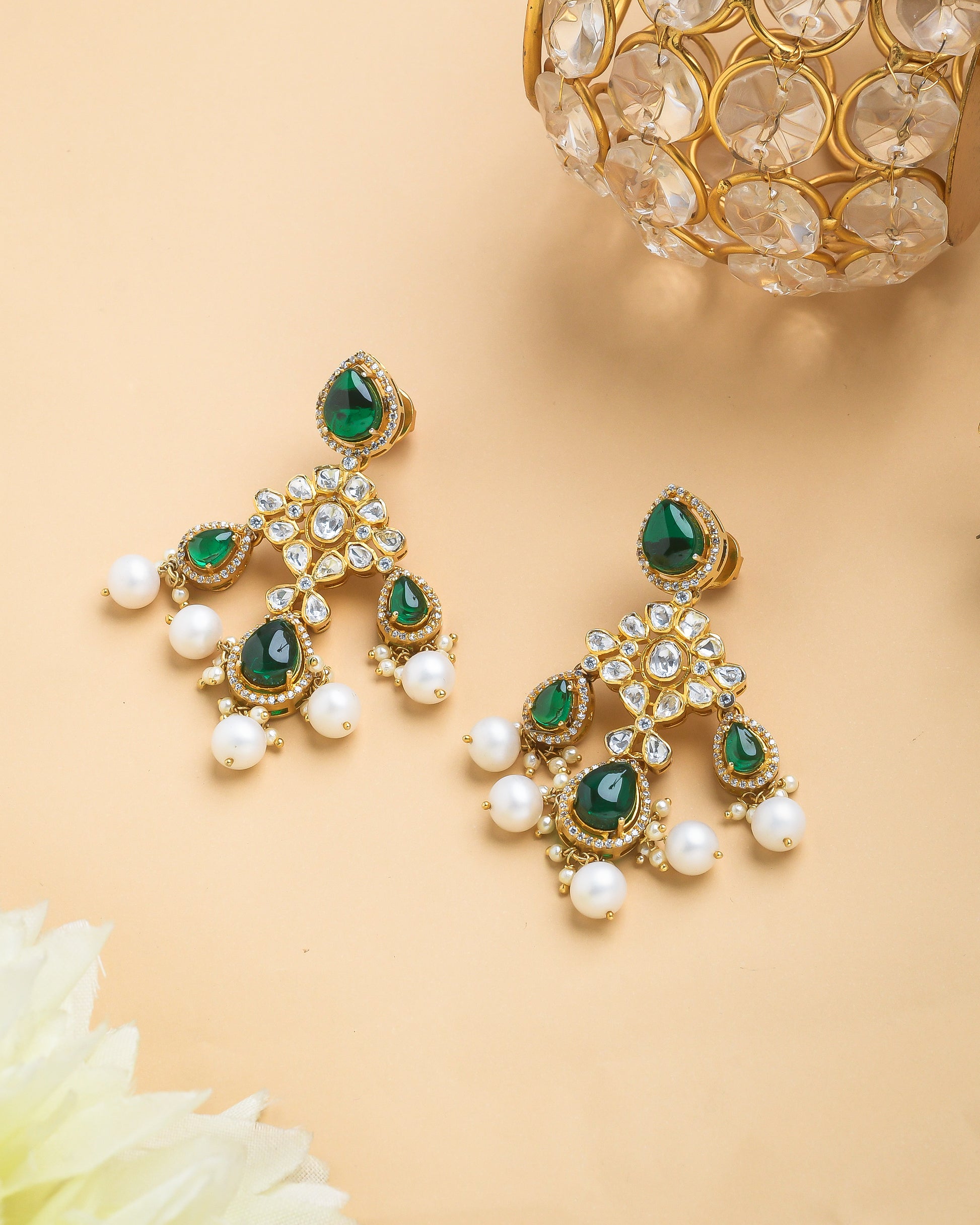 Kundan polki chandellier earrings with pearl drops - Yuvaminie