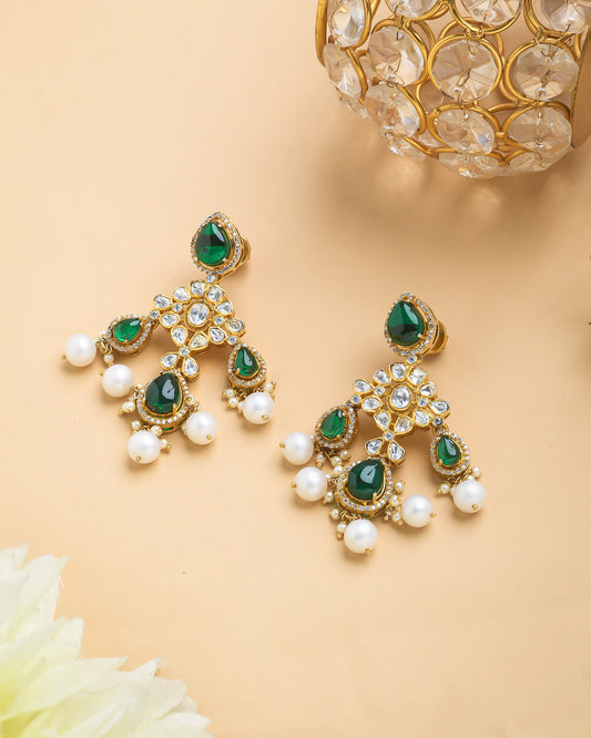 Kundan polki chandellier earrings with pearl drops - Yuvaminie