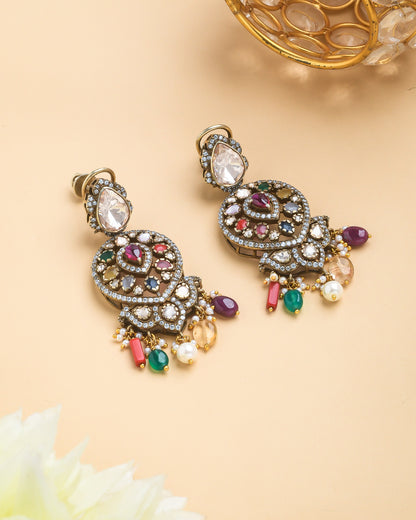 Navratna earrings in antique oxidised look - Yuvaminie