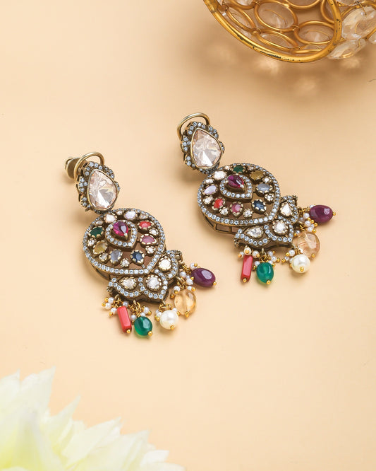 Navratna earrings in antique oxidised look - Yuvaminie