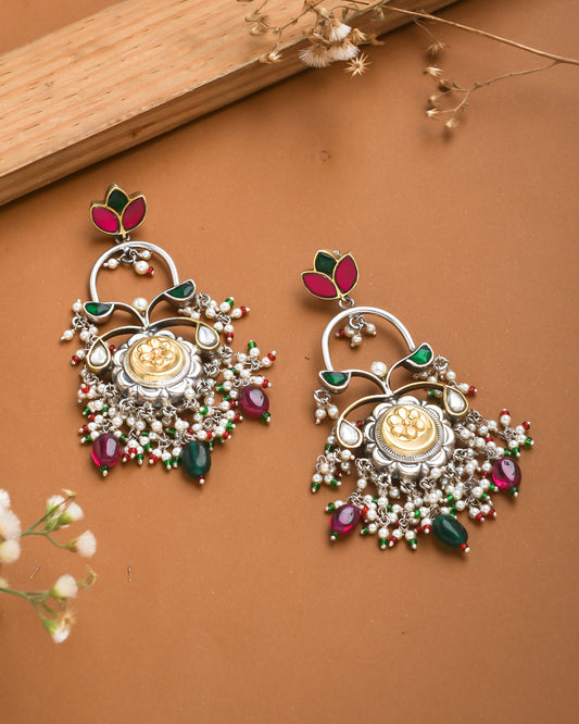 Fusion earrings with floral motif and pearl hangings - Yuvaminie