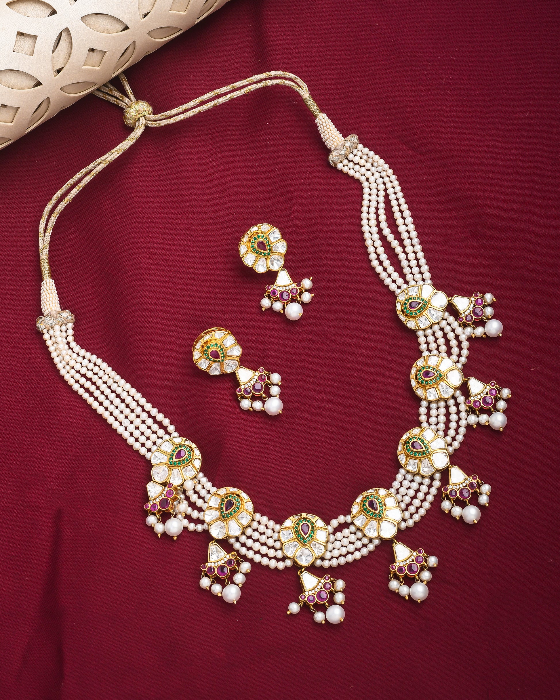 Multi-strand Pearl and polki set with sliced ruby look - Yuvaminie