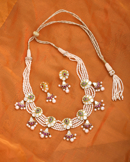 Multi-strand Pearl and polki set with sliced ruby look - Yuvaminie