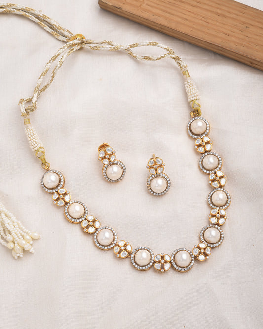 Pearl and polki necklace with hanging earrings - Yuvaminie