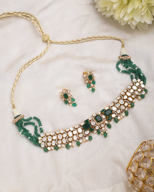 Green Kundan Choker Necklace Set with Beaded Detailing and Earrings - Yuvaminie