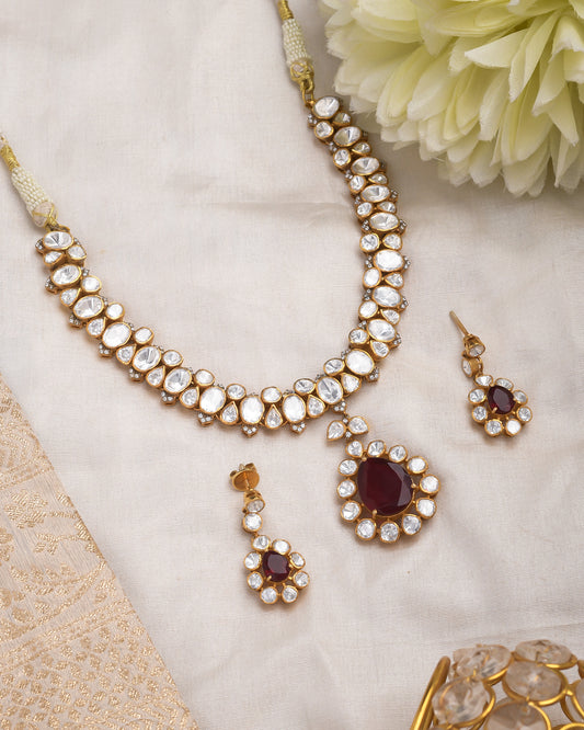 Ruby centred Polki Necklace set with hangings - Yuvaminie