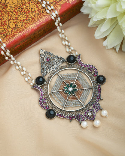 Boho tribal pearl and meenakari pendant necklace - Yuvaminie