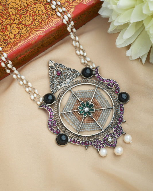 Boho tribal pearl and meenakari pendant necklace - Yuvaminie