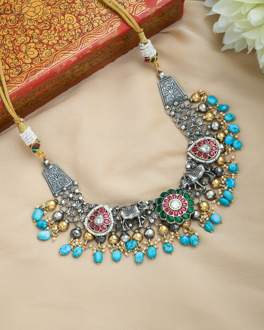 Oxidized Silver tribal necklace with turquoise blue beads and enamel motifs - Yuvaminie
