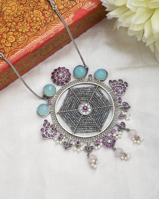 Bohemian Oxidized silver pendant necklace with pastel blue accents - Yuvaminie