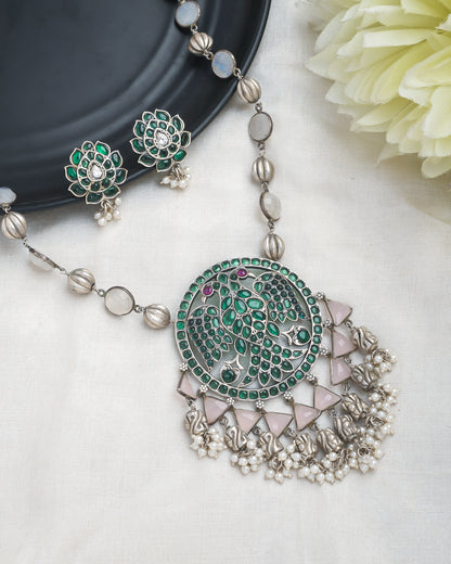 Oxidised silver green stones south india style long necklace - Yuvaminie