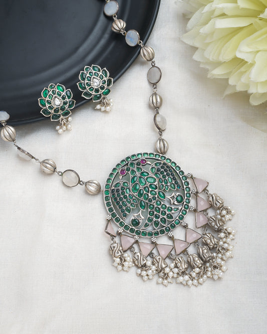Oxidised silver green stones south india style long necklace - Yuvaminie