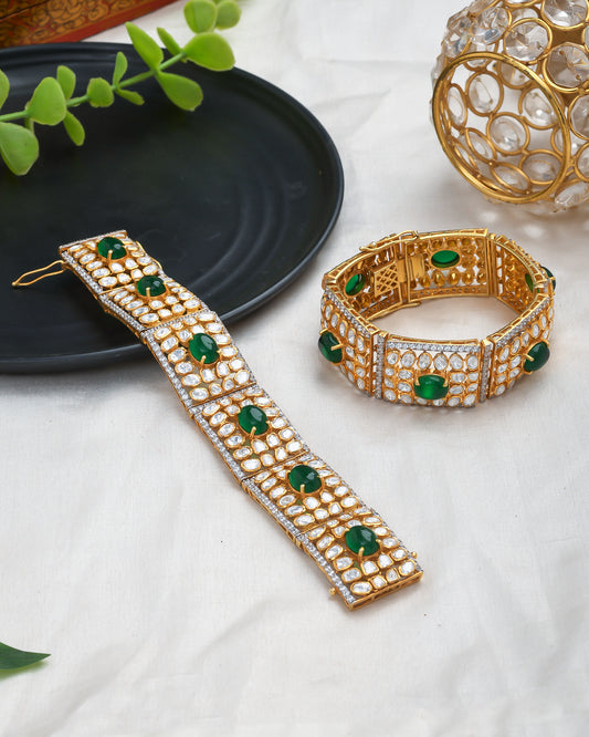 Polki and green stones traditional pair of bracelets - Yuvaminie