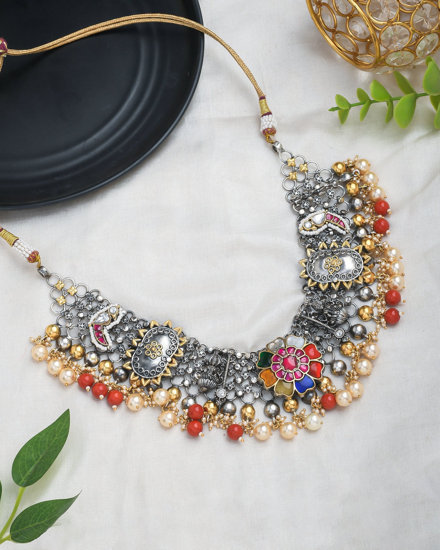 Oxidised silver fusion jewellery necklace with multicolor beads - Yuvaminie