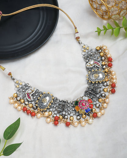 Oxidised silver fusion jewellery necklace with multicolor beads - Yuvaminie