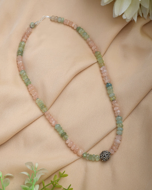 Pastel peach and green beaded necklace and oxidized silver bead - Yuvaminie