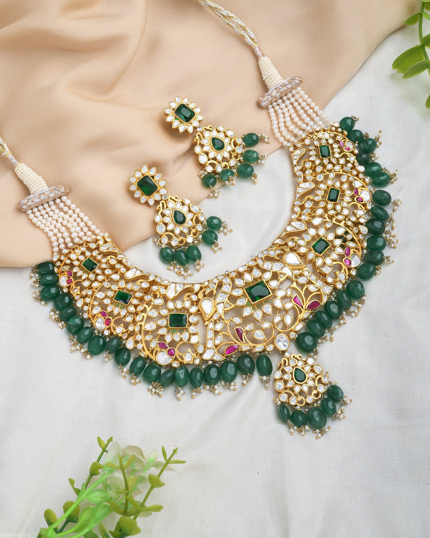 Royal polki and kundan set with green strawberry beads for enhanced look - Yuvaminie