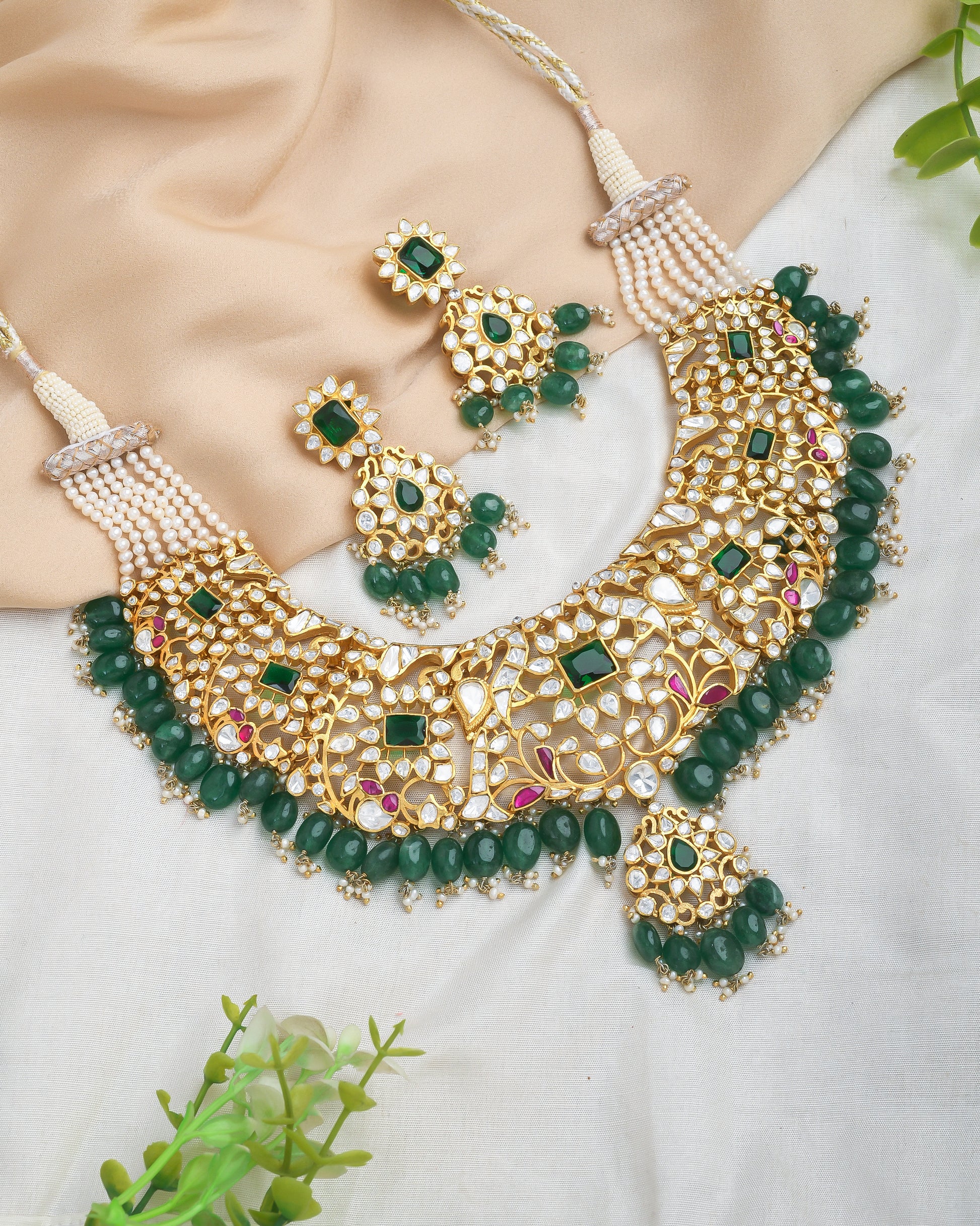 Royal polki and kundan set with green strawberry beads for enhanced look - Yuvaminie