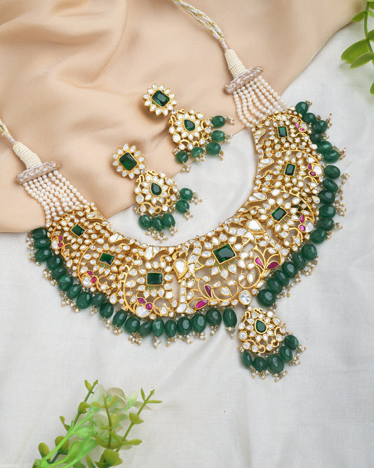 Royal polki and kundan set with green strawberry beads for enhanced look - Yuvaminie