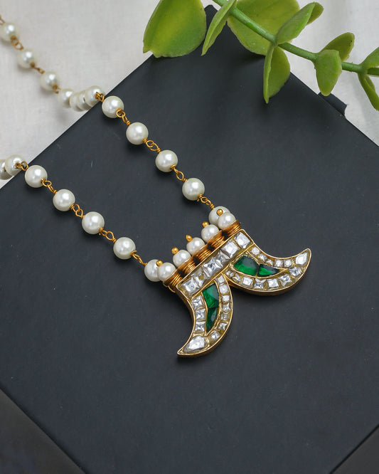 Pearl Kundan Necklace with Traditional Green Meenakari Double Moon Pendant - Yuvaminie