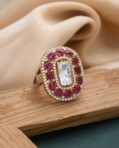 Red oval ring adjustable gold-tone cocktail ring - Yuvaminie