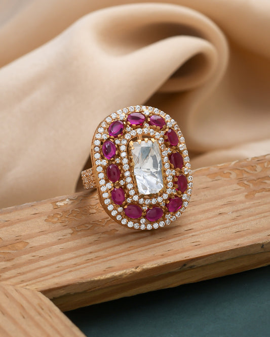 Red oval ring adjustable gold-tone cocktail ring - Yuvaminie