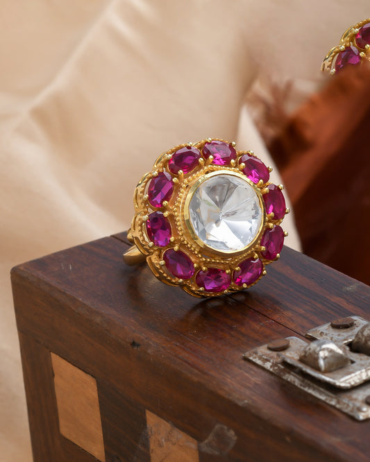 Big polki ring with studded rubies - Yuvaminie
