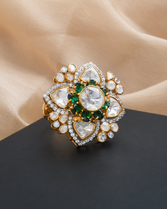 Floral green stones and polki ring - Yuvaminie