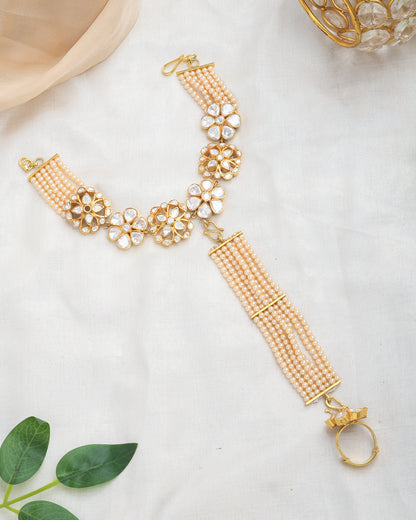 Elegant kundan pearl haathphool detachable bracelet - Yuvaminie
